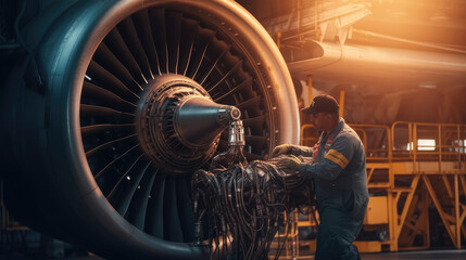 An aircraft technician meticulously repairs a turbine