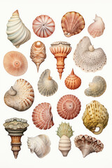 seashells collection watercolor sketch hand drawn style on white background - obrazy, fototapety, plakaty