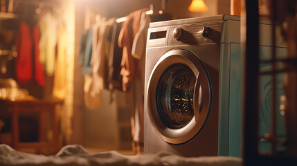 Close-up of a modern washing machine loaded with a pile of fresh laundry