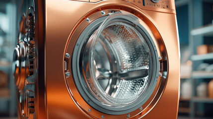 Close-up of a modern washing machine loaded with a pile of fresh laundry