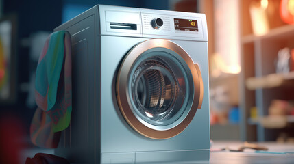 Close-up of a modern washing machine loaded with a pile of fresh laundry - obrazy, fototapety, plakaty