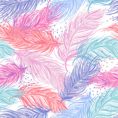 Fototapeta na wymiar Seamless vector repeat pattern with feathers. For invitations, wedding, cards, textiles, backdrops. Fashion wallpaper for girl