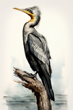 sketch of a cormorant bird with watercolor hand drawn style