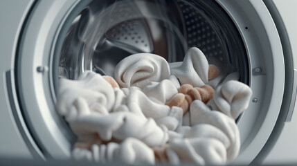 Close-up of a modern washing machine loaded with a pile of fresh laundry