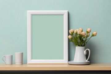 Modern mock up frame standing on shelf with white flowers in vase near teal wall. Copy space. Empty blank rectangular canvas frame. Greeting card for Mother day or 8 March.