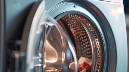 Close-up of a modern washing machine loaded with a pile of fresh laundry