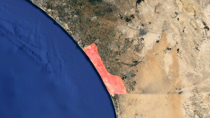 A 3D satellite image map of the earth showing the Gaza Strip in Palestine, shouthwest of Israel. The Gaza Strip is highlighted in red and the Rafah crossing is visible. No text. - obrazy, fototapety, plakaty