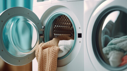 Close-up of a modern washing machine loaded with a pile of fresh laundry
