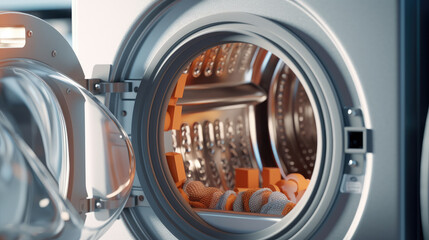 Close-up of a modern washing machine loaded with a pile of fresh laundry