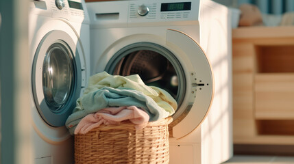 Close-up of a modern washing machine loaded with a pile of fresh laundry