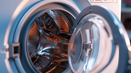 Close-up of a modern washing machine loaded with a pile of fresh laundry