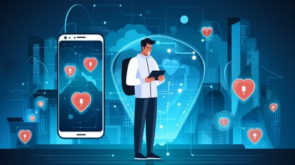 illustration of Mobile Health App Security,mobile app developers and users taking measures to ensure the security of patient data . - obrazy, fototapety, plakaty