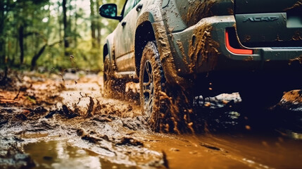 Close-up view of car tires conquering the muddy terrain - obrazy, fototapety, plakaty
