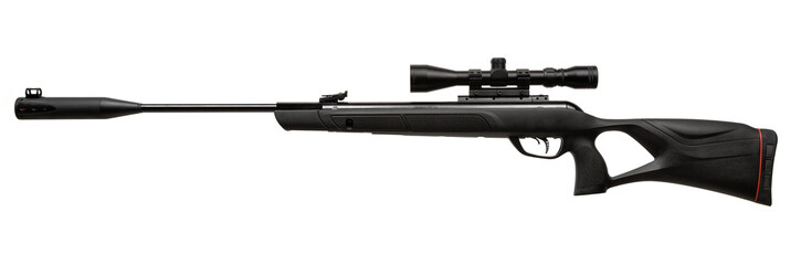 A modern air rifle with a futuristic design. Air gun with optical sight. Pneumatic weapons for sports and entertainment. Isolate on a white back