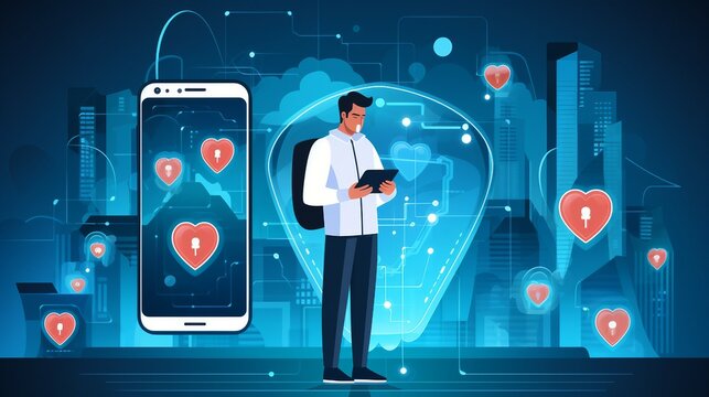 illustration of Mobile Health App Security,mobile app developers and users taking measures to ensure the security of patient data .