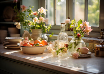 Fototapeta na wymiar Kitchen table with healthy food, fruit, medicinal herbs and flowers. with natural light. made with AI