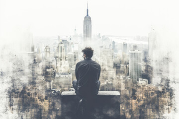 Fototapeta na wymiar Contemplative man double exposed with monochrome cityscape.