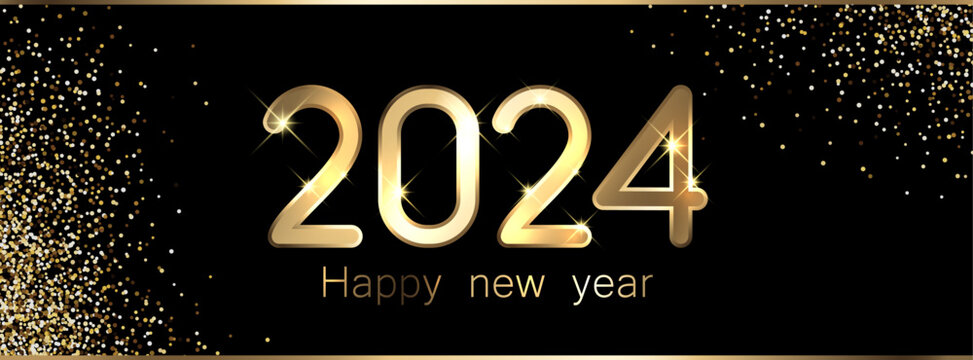 New Year 2024 golden shiny numbers for calendar on black background with gold sand or small foil particles.