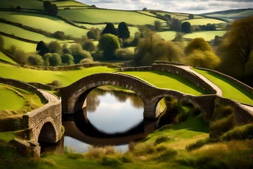 Foto op Canvas A picturesque, ancient stone bridge spanning a meandering river amidst the rolling hills of the English countryside. © Resonant Visions