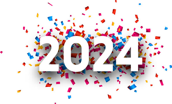 New Year 2024 paper numbers for calendar header on colorful background made of multicolored confetti.