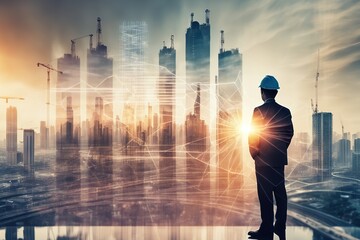 The double exposure image of the engineer standing back during sunrise overlay with cityscape image. The concept of engineering, construction, city life and future.AI generated - obrazy, fototapety, plakaty