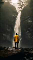 Obraz premium illustration, Man in a yellow jacket standing on a rock next to a tall waterfall in the forest, volumetric fog, cinematic composition, wide angle lens