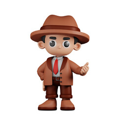 3d Character Detective Pointing Next Pose. 3d render isolated on transparent backdrop.