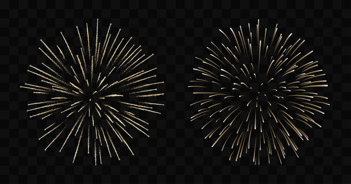 Fireworks explosion vector set. Gold fireworks on isolated background. 3/7