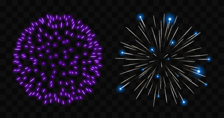 Fireworks explosion vector set, blue and purple fireworks