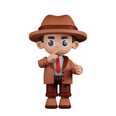 3d Character Detective Quiet Pose. 3d render isolated on transparent backdrop.
