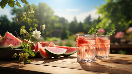a glass of drinking water and an elegant watermelon on the table - Powered by Adobe