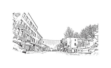 Fototapeta na wymiar Building view with landmark of Sherbrooke is the city in Canada. Hand drawn sketch illustration in vector.