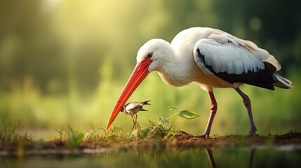 white stork ciconia eating prey generated by AI - obrazy, fototapety, plakaty