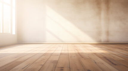 Naklejka premium Room interior empty space background mock up, sunlight and shadows room walls and blank parquet floor
