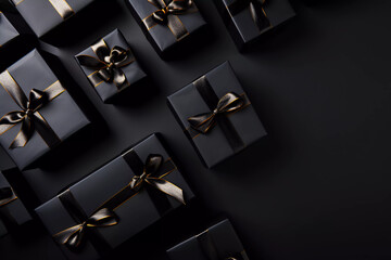 Black gift boxes placed on a dark background, the concept of Black Friday discounts. Space for text.