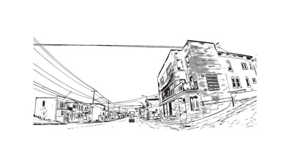 Building view with landmark of Sherbrooke is the city in Canada. Hand drawn sketch illustration in vector.