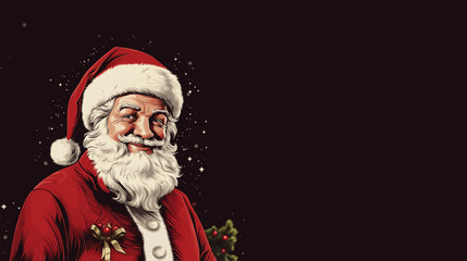 Vintage Merry Christmas greeting card illustration. Retro Santa Claus greetings card. Merry Christmas greeting card. Smiling Santa greeting card background illustration.