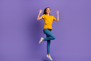 Full body photo of girl jump up celebrate breakthrough success isolated purple color background