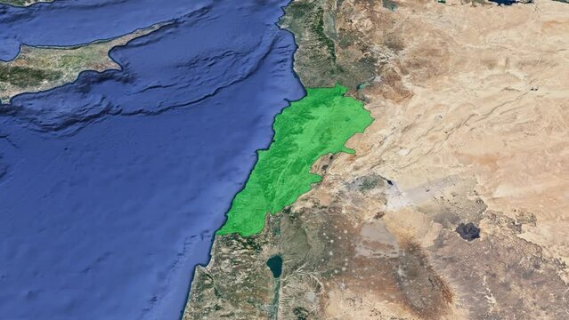An animated 3D satellite image map of the earth zooming into Lebanon which is highlighted in green. No text.