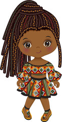 Vector Cute Little Black Girl in Kente Blouse and Skirt