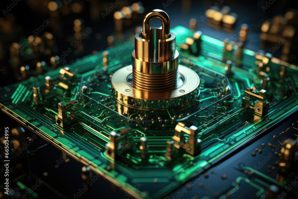 Poster depicting the concept of cyber security with a padlock symbol, emphasizing the importance of data pr