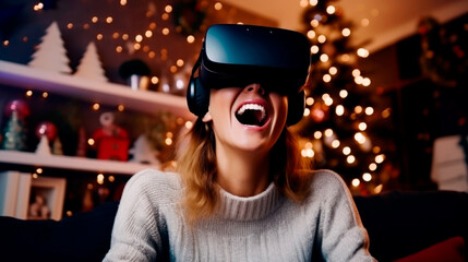 Young girl playing a game at Christmas on a modern virtual reality VR headset. Ai generated