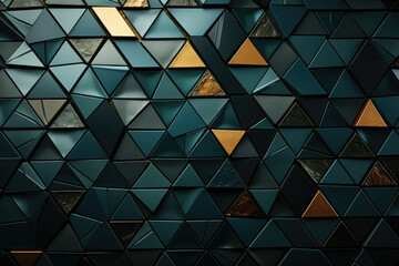 Abstract dark green mosaic tile wallpaper with triangular and geometric fluted triangles, creating a textured background banner. Generative Ai.