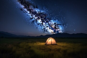 A tent in a field with mountains and a starry sky above, with a bright light shining through the window. Generative AI