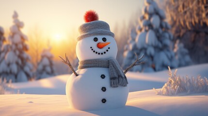 Obraz premium Snowman on Snowy Plains in Warm Sunlight: A Winter Holiday Background for a Merry Christmas and Happy New Year, Generative AI