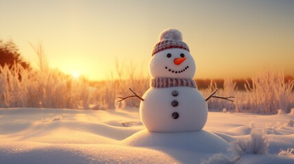Obraz premium Winter Holidays Background: A Sunlit Snowman on Snowy Plains, Wishing a Merry Christmas and Happy New Year, Generative AI