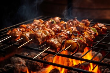 Succulent and delicious grilled meat skewers on the bbq rack with flames and sparks - obrazy, fototapety, plakaty