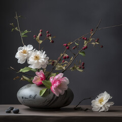 Still life with white and rose flowers, ikebana with dark background. 