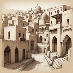 Fototapeta na wymiar Architectural sketch of an old islamic arabic town. Created using generative AI tools