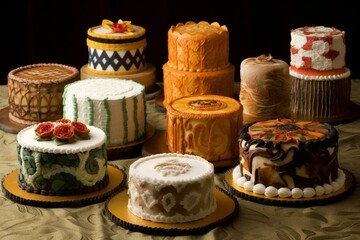 Assorted cakes representing different cultures. Generative AI